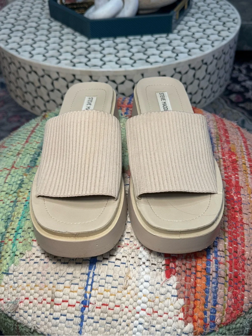 🫧🤍 Steve Madden Neutral Ribbed Slide Platform‎ Sandals in Beige 🤍🫧